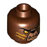 Minifig Head Bladvic, Dual Sided, Bear, Orange Eyes, Medium Nougat Face, Orange Slash Marks Print [Hollow Stud] Rotbraun
