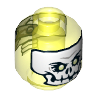 Minifig Head Scythe Master Ghoultar, Skull Mask with White Face and Teeth, Yellowish Green Eyes / Metal Patch Print Trans-Neon Green