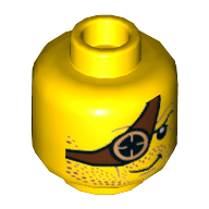 Minifig Head Ronin, Dark Red Stubble, Reddish Brown Eyepatch with Copper Eyepiece Print Yellow