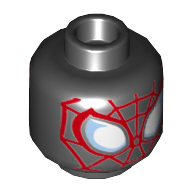 Minifig Head Spider-Man (Miles Morales), Large White and Bright Light Blue Eyes, Red Web Print Schwarz