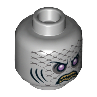 Minifig Head Sharx, Purple Eyes, Yellow Teeth, Scales and Gills Print [Hollow Stud] Light Bluish Gray