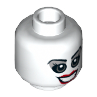 Minifig Head Harley Quinn, Light Bluish Gray Eyes and Eye Shadow, Red Lips, Open Smile / Angry Print Weiß
