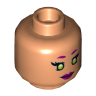 Minifig Head Starfire, Magenta Eyebrows and Lips, Lime Eyes, Smile / Scared Print Nougat