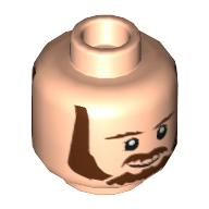 Minifig Head Qui-Gon Jinn, Dual Sided, Beard, Brown Eyebrows, Moustache, White Pupils, Smile / Frown Print [Hollow Stud] Light Nougat