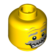 Minifig Head Monster Scientist, Gray Eyebrows Raised and Bushy Moustache, Wrinkles, White Pupils and Open Smile Print [Hollow Stud] Yellow