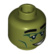 Minifig Head Monster Rocker, Eyebrows, Dark Green Eyes, Smile with Teeth Olivgrün