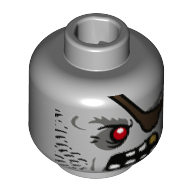 Minifig Head Zombie Pirate, Red Eye, Eyepatch, Stubble, Large Teeth Light Bluish Gray