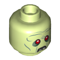 Minifig Head Zombie (Zeke), Red Eyes, Frowning, Broken Teeth, Stitching and 2 Buttons on Back Print [Hollow Stud] Yellowish Green
