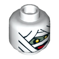 Minifig Head Mummy (Dr Najib), Dual Sided, Mummy Wraps, Yellow Eyes and Red Mouth / Eyebrows and Moustache Print [Hollow Stud] Weiß