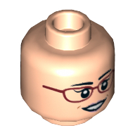 Minifig Head Amy Fowler, Dual Sided, Dark Red Glasses, Brown Eyebrows, Open Smile / Slight Smile [Hollow Stud]' Light Nougat