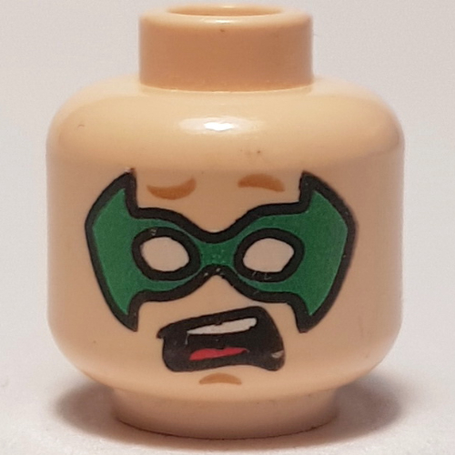 Minifig Head Robin, Green Eyemask, Smiling / Surprised Print Light Nougat