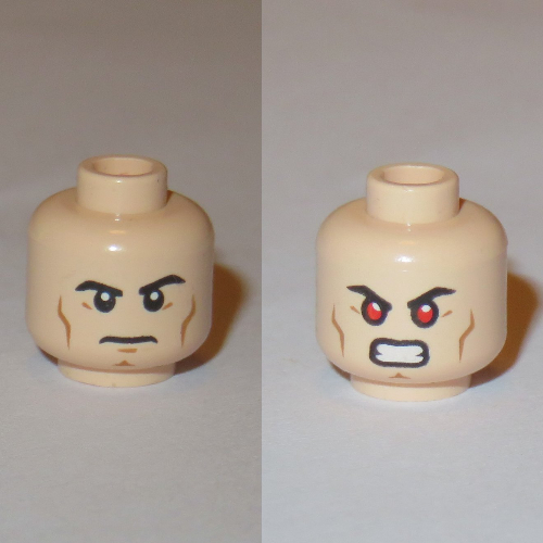 Minifig Head Superman, Eyebrows, Cheek Lines, Chin Dimple, Determined / Bared Teeth with Red Eyes Print Light Nougat