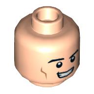 Minifig Head Superman / Hyperion, Cheek Lines, Chin Dimple, Open Mouth Smirk / Bared Teeth with Red Eyes Print Light Nougat