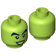 Minifig Head Wicked Witch, Female, Black Thick Eyebrows, Green Lips and Open Smile with Bright Light Yellow Teeth Print [Hollow Stud] Lime