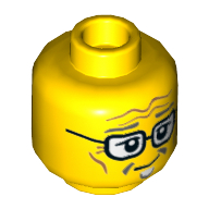 Minifig Head Postman, Goatee, Dark Bluish Gray Eyebrows, Glasses, Crooked Smile, Cheek Lines, Wrinkles Print Yellow