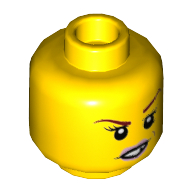 Minifig Head Macy, Dark Red Eyebrows, Pink Lips, Frown, Scratches / Eyebrow Raised, Chipped Toothed Smirk Print Gelb