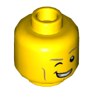 Minifig Head Lance, Dual Sided, Dark Tan Eyebrows, Cheek Lines, Smile with Right Eye Closed / Smile with Teeth Print [Hollow Stud] Yellow