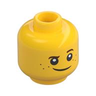 Minifig Head Robin / Boy, Brown Eyebrows, Raised Eyebrow, Freckles, Crookes Smile Print Gelb