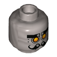 Minifig Head Chef Eclair, Yellow Robot Eyes, Curly Moustache Print [Hollow Stud] Flat Silver