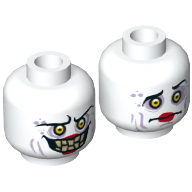 Minifig Head Jestro, Dual Sided, Sunken Yellow Eyes, Red Lips, Evil Smile with Teeth / Confused Print [Hollow Stud] White