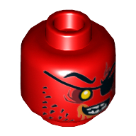 Minifig Head Beast Master, Dual Sided, Eyepatch, Yellow Eye, Stubble, Evil Smile / Angry Print [Hollow Stud] Red
