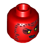 Minifig Head Lavaria, Dual Sided, Eyebrows, Yellow Eyes, Full Lips, Dark Red Spots, Smirk / Bared Teeth Print [Hollow Stud] Red