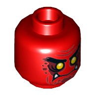 Minifig Head Ash Attacker, Dual Sided, Thick Eyebrows, Yellow Eyes, Dark Red Patches, White Fangs, Closed Mouth / Open Mouth Print [Hollow Stud] Red