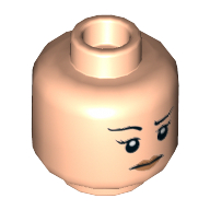 Minifig Head, Eyebrows, Pink Lips, Smile / Concern with Raised Right Eyebrow Print Light Nougat
