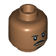 Minifig Head Tasu Leech, Dual Sided, Moustache and Goatee, White Pupils, Neutral / Open Mouth Scowling Teeth Print [Hollow Stud] Medium Nougat
