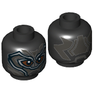 Minifig Head Black Panther, Armor, Reddish Brown Around Eyes, Pearl Titanium Lines Print Black
