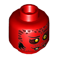 Minifig Head Bookkeeper, Dual Sided, Yellow Eyes, Dark Red Spots, Broken Fangs, Goofy Open Smile Teeth / Closed Mouth Print [Hollow Stud] Red