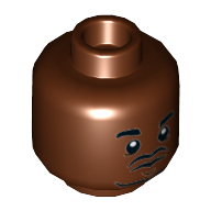 Minifig Head Barry, Beard, Eyebrows, Goatee, Pupils, Dark Bluish Gray Lines under Eyes Print Reddish Brown