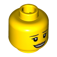 Minifig Head Animal Control Officer, Dark Brown Eyebrows, Dark Tan Lips, Open Smile / Raised Eyebrow and Lips Print Gelb