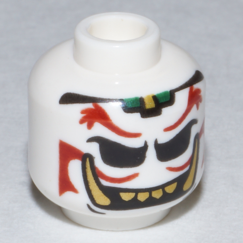 Minifig Head Doubloon, Dark Red Eyebrows, Mustache, Sad / Evil Grin Print White