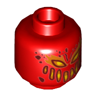 Minifig Head Flama, Dark Red, Yellow and Orange Eyes, Wide Mouth, Dark Red Spots, Flames on Back Print [Hollow Stud] Rot