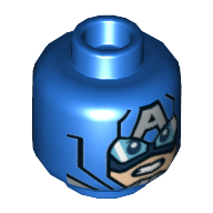 Minifig Head Captain America, 'A' on Forehead, Goggles Print [Hollow Stud] Blau