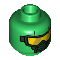 Minifig Head HYDRA Henchman, Dual Sided, Scuba Mask with Yellow Goggles, Yellow 'H' on Back Print [Hollow Stud] Green