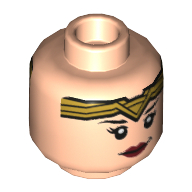 Minifig Head Wonder Woman, Dual Sided, Gold Tiara and Red Lips, Lopsided Smile / Clenched Teeth Print [Hollow Stud] Hellnougat