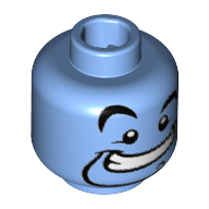 Minifig Head Genie, Curved Eyebrows, Right Raised Eyebrow, Narrow Goatee with Curl, Wide Mouth Smile with Teeth print [Hollow Stud] Medium Blue