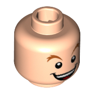 Minifig Head Peter Pan, Dark Orange Raised Eyebrows, Open Mouth with Teeth and Tongue Print Light Nougat