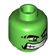 Minifig Head Hulk, Thick Eyebrows, Yellow Eyes and Wide Grin Print Bright Green