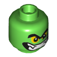 Minifig Head Green Goblin, Thick Eyebrows, Yellow Eyes and Wide Grin with Teeth Print Bright Green