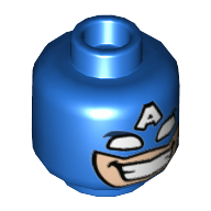 Minifig Head Captain America, White Eye and 'A' on Forehead, Wide Grin with Teeth Print [Hollow Stud] Blue