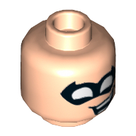 Minifig Head Robin, Dual Sided, Black Pointed Eyemask, Open Mouth Crooked Smile Print [Hollow Stud] Hellnougat