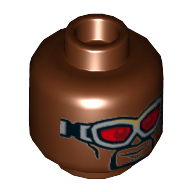 Minifig Head Falcon, Goggles with Red Lenses, Smile / Clenched Teeth Print Reddish Brown