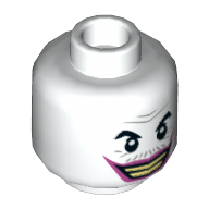Minifig Head Joker, Gray Wrinkles and Moustache, Dark Pink Lips, Wide Grin with Clenched Teeth / Lips Pursed Print Weiß