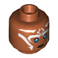 Minifig Head Ahsoka Tano, Blue Eyes and White Lines Neutral / Angry Print Dunkelorange