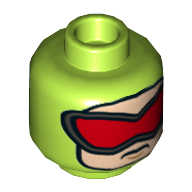 Minifig Head Killer Moth, Dual Sided, Balaclava with Nougat Face, Red Goggles / Scared Print [Hollow Stud] Lime