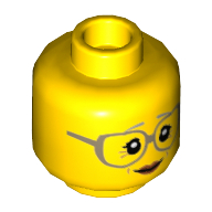 Minifig Head Mystake / Grandmother, Dark Tan Large Glasses, Gray Eyebrows, Peach Lips, Crows Feet (Old Woman) [Recessed Stud] Gelb