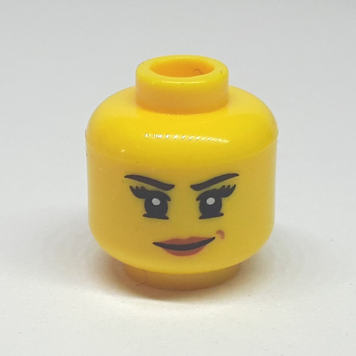 Minifig Head Nya, Lopsided Grin with Pink Lips / Mechanical Goggles and Headset Print Yellow